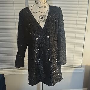 Black Sequin Double-Breasted Blazer Dress